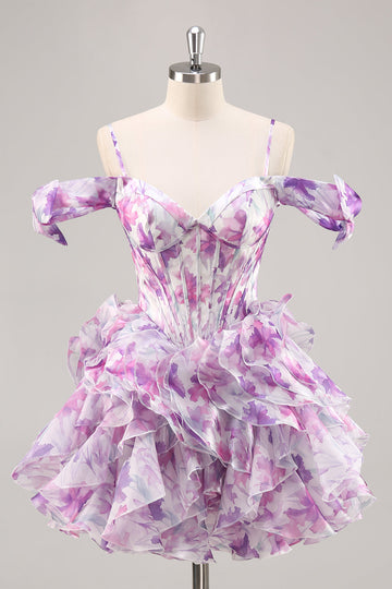 Purple Floral A Line Printed Corset Ruffled Short Cocktail Dress